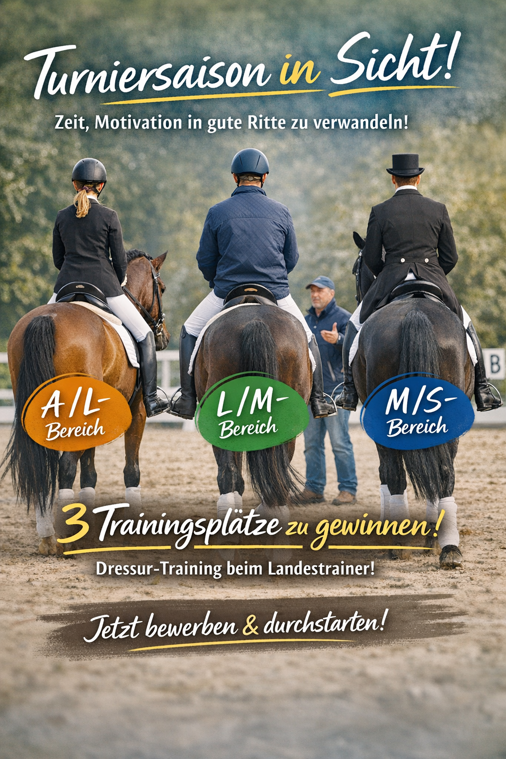 Read more about the article Zeit, Motivation in gute Ritte zu verwandeln — Drei x 4 Trainingsplätze für unsere Mitglieder